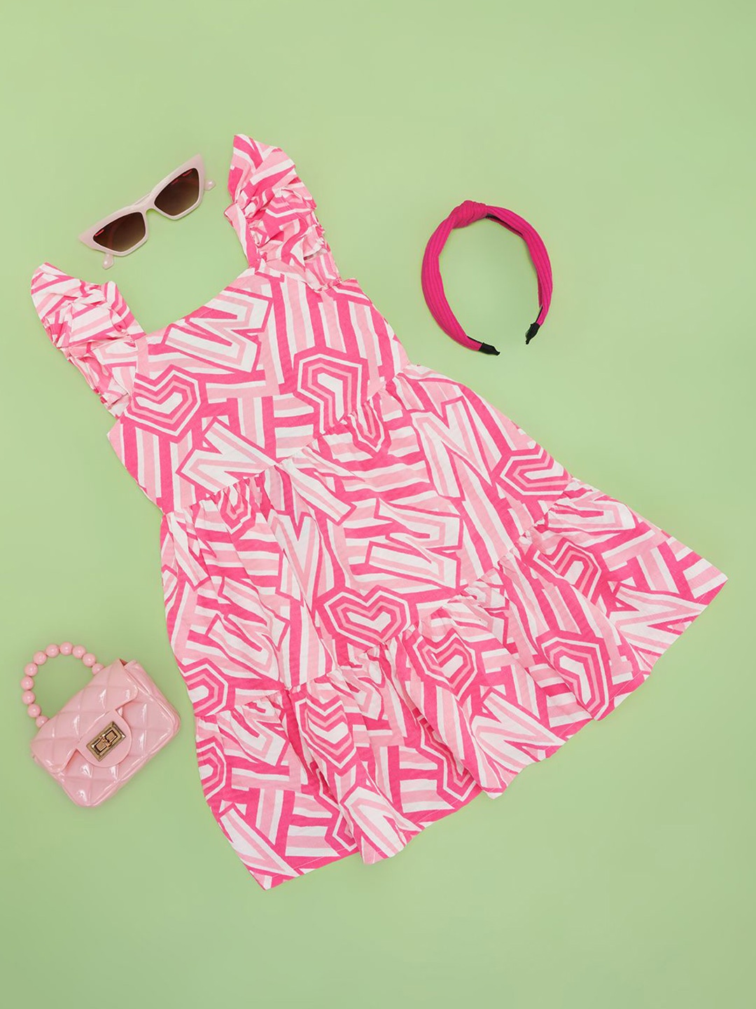 

Pantaloons Junior Girls Printed Tiered Fit & Flare Dress, Pink