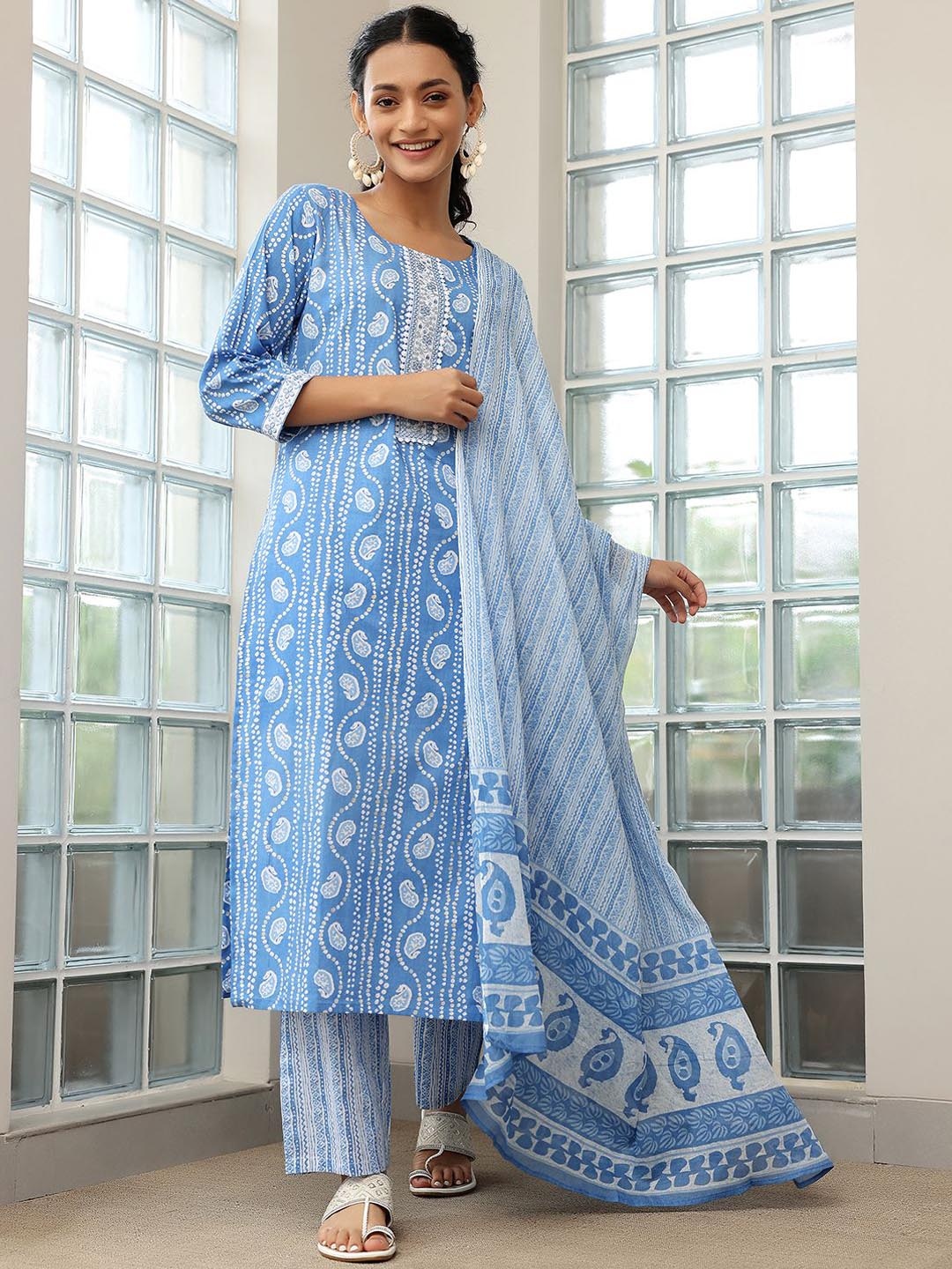 

Libas Bandhani Printed Gotta Patti Pure Cotton Straight Kurta with Trousers & Dupatta, Blue