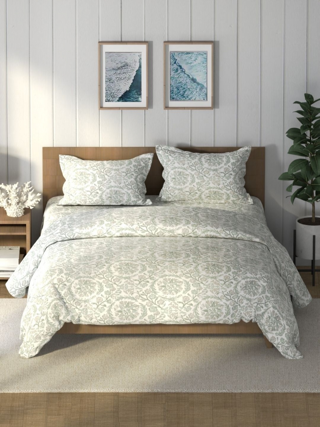 

Nautica Green & White Floral Printed Pure Cotton AC Room Double Queen Bedding Set