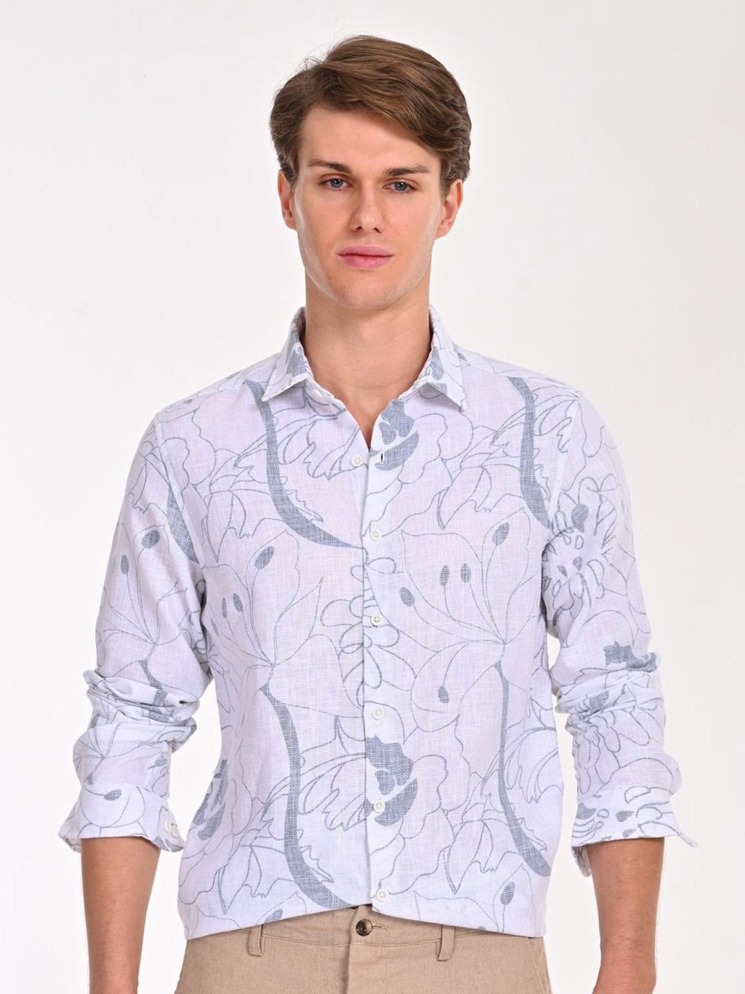 

POE Men Smart Spread Collar Ethnic Motifs Printed Cotton Slim Fit Casual Shirt, Off white