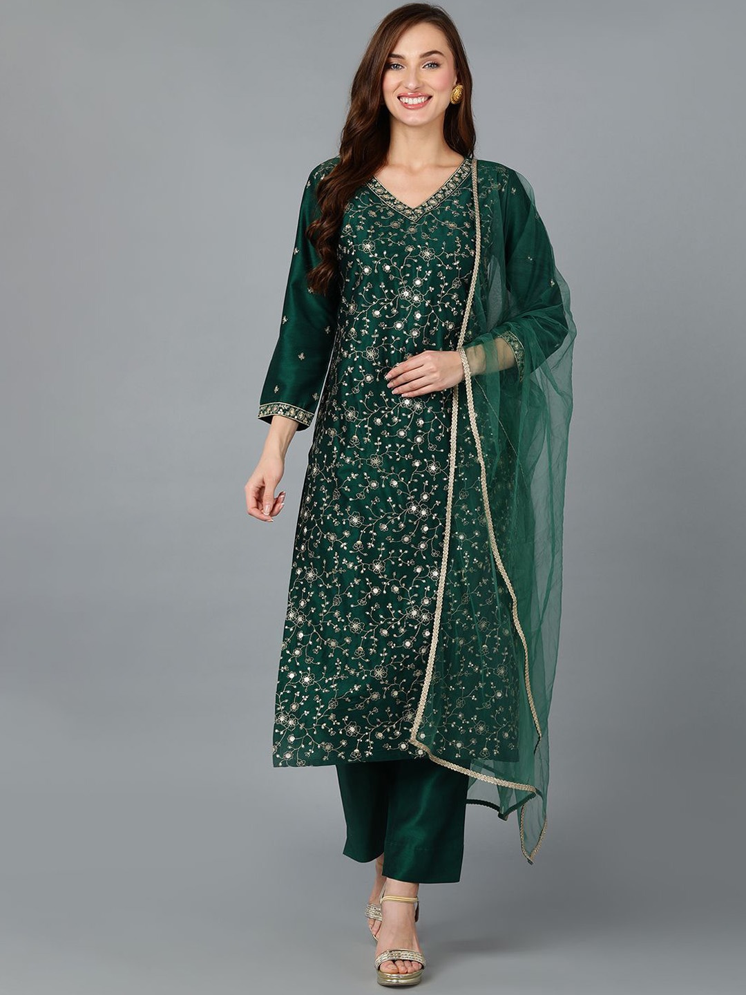 

KALINI Floral Embroidered V-Neck Sequinned Straight Kurta With Trousers & Dupatta, Green