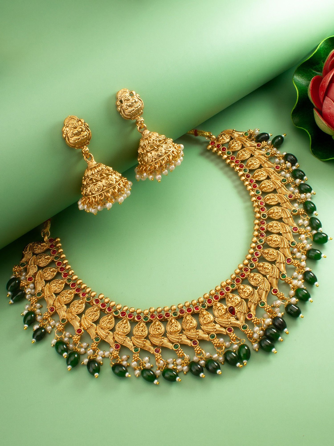 

aadita Stone Studded & Beaded Temple Necklace and Earrings, Gold