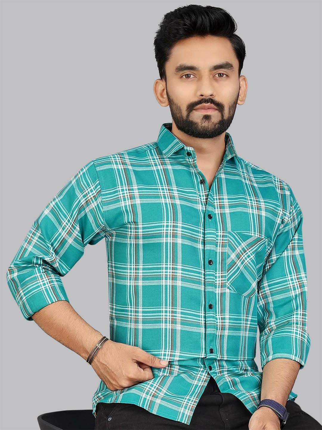 

ADWYN PETER Men Classic Spread Collar Tartan Checked Cotton Casual Shirt, Green