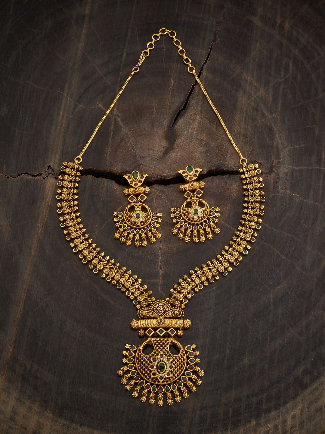 

Kushal's Fashion Jewellery Gold-Plated Ruby Studded Ethnic Antique Jewellery Set