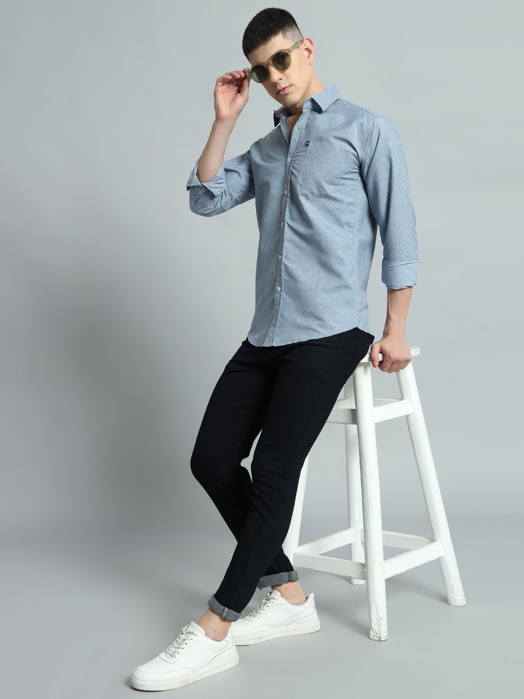 

WILD WEST Men Straight Spread Collar Geometric Printed Cotton Casual Shirt, Blue