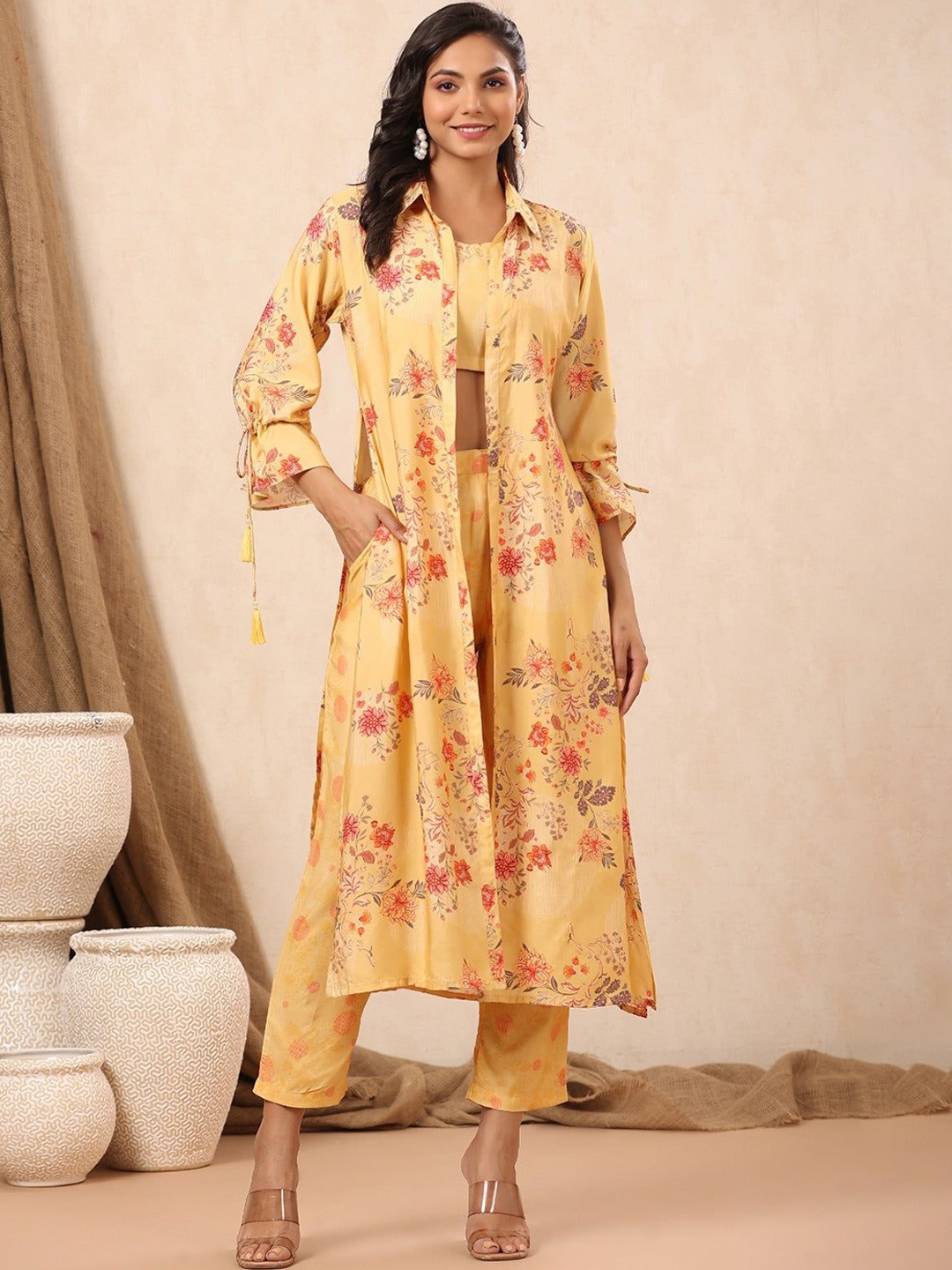 

AUTUMN LANE Floral Printed Pure Cotton Crop Top With Trousers & Shrug, Yellow