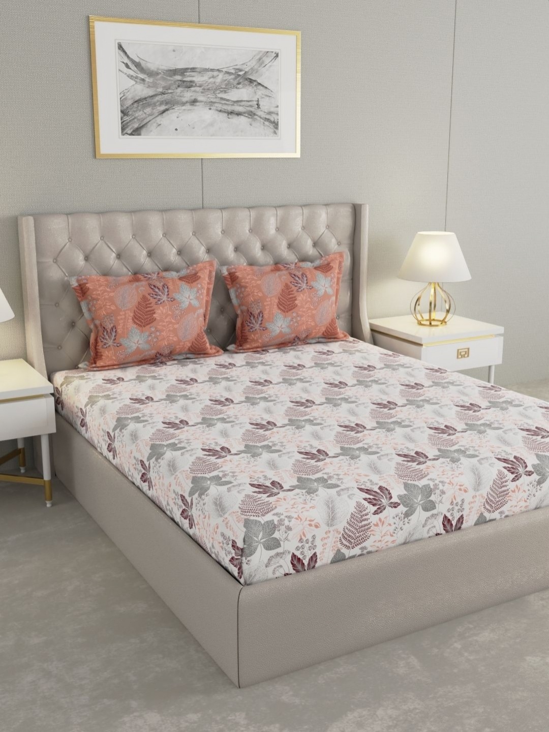 

Raymond Home Camphor Coral Printed Cotton 144 TC Queen Bedsheet with 2 Pillow Covers