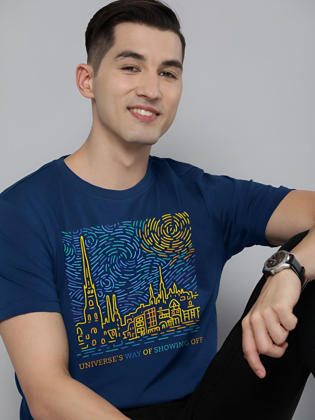 

HERE&NOW Men Graphic Printed Round Neck Cotton T-shirt, Navy blue