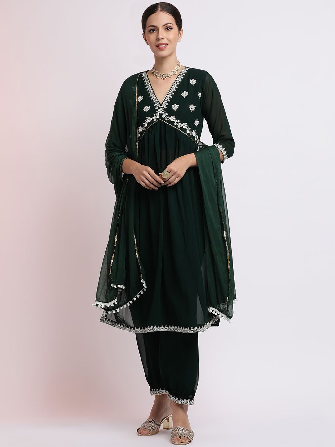 

Jaipur Kurti Embroidered Georgette Kurta Set with Dupatta, Green