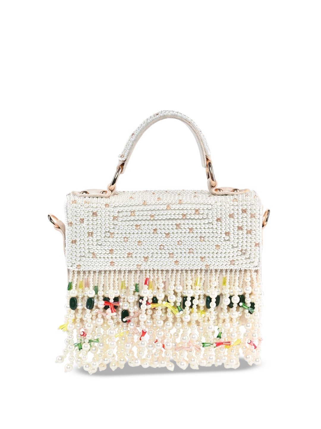

House of Kosha Women Embellished Suede Structured Box Bag, White
