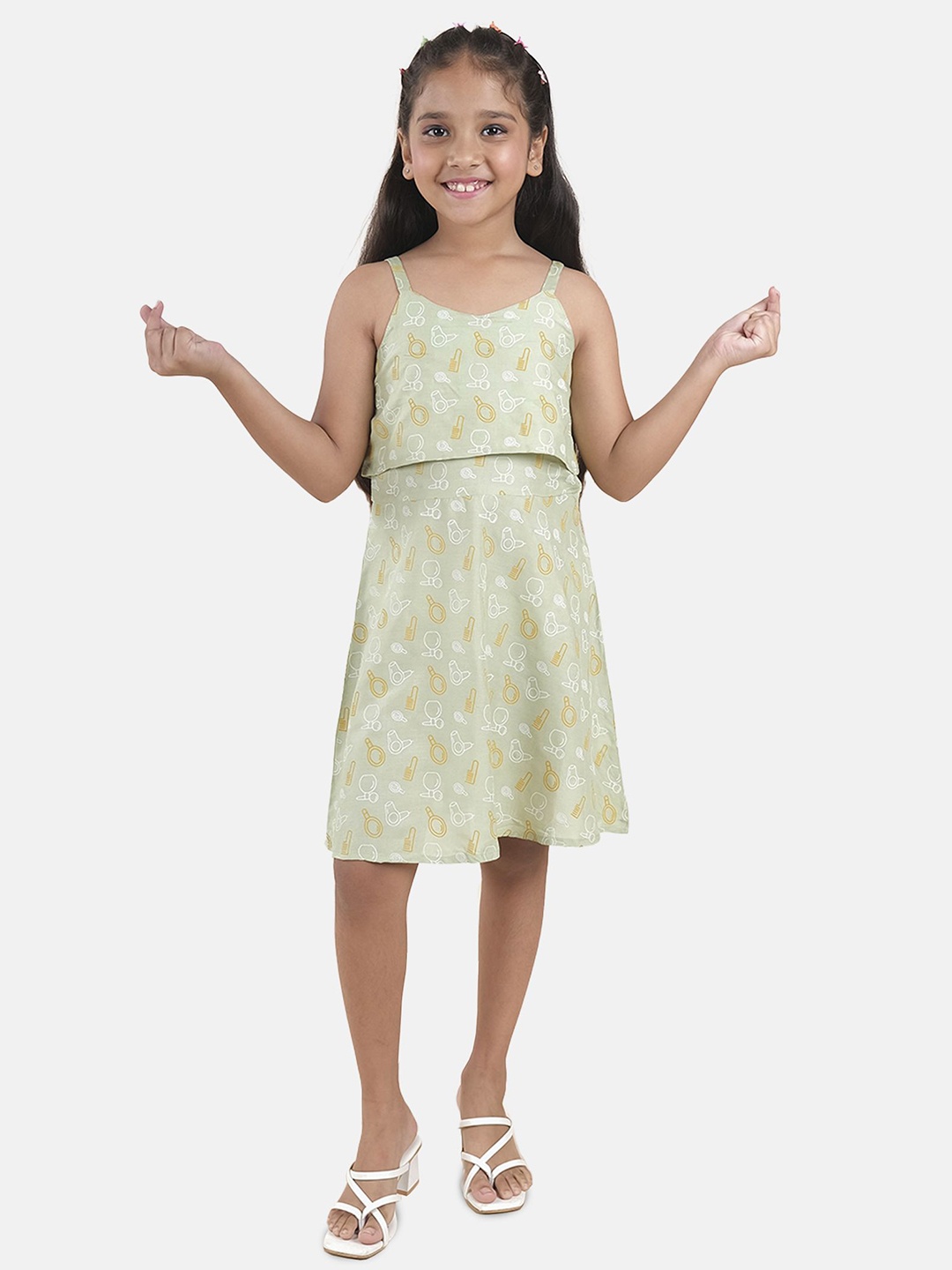 

KiddoPanti Girls Floral Printed Shoulder Straps Blouson Dress, Green