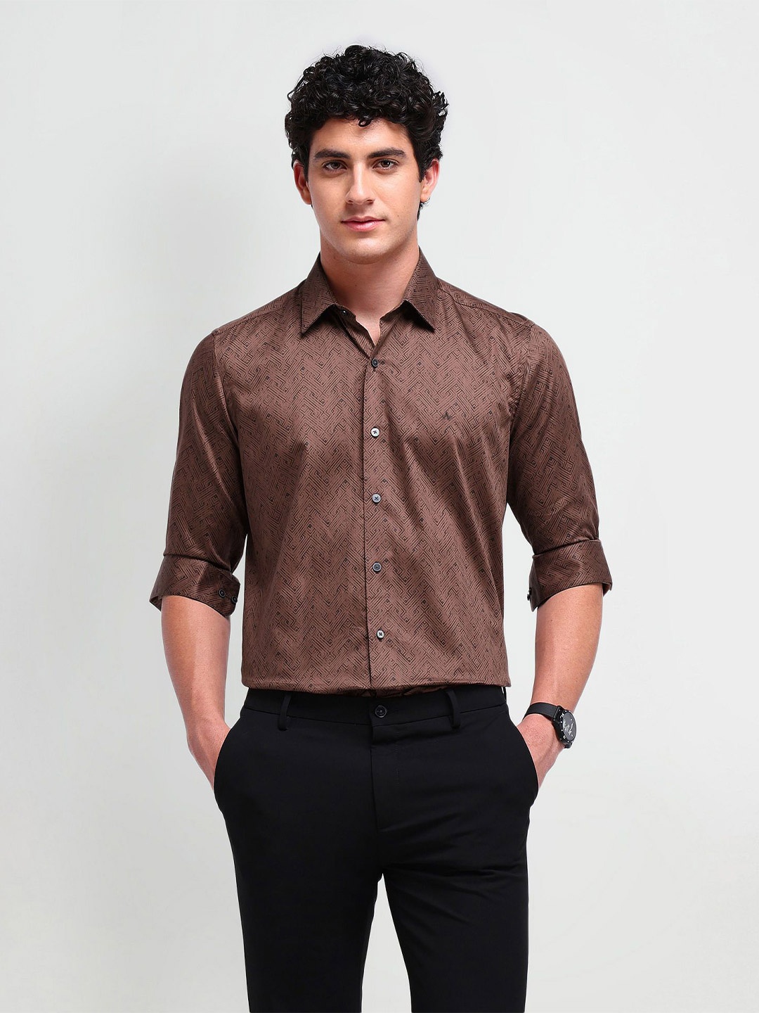 

Arrow New York Men Comfort Spread Collar Geometric Printed Cotton Slim Fit Formal Shirt, Maroon