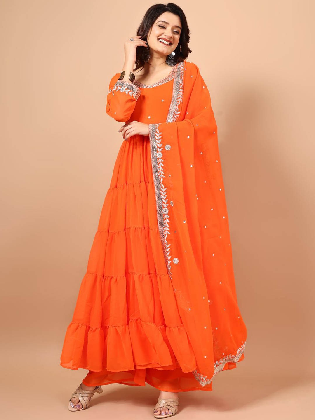 

KALINI Floral Embroidered Georgette Anarkali Kurta with Pyjama & With Dupatta, Orange