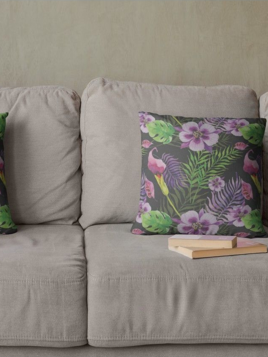 

THEYAYACAFE Green & Purple 2 Pieces Floral Printed Velvet Square Cushion Covers