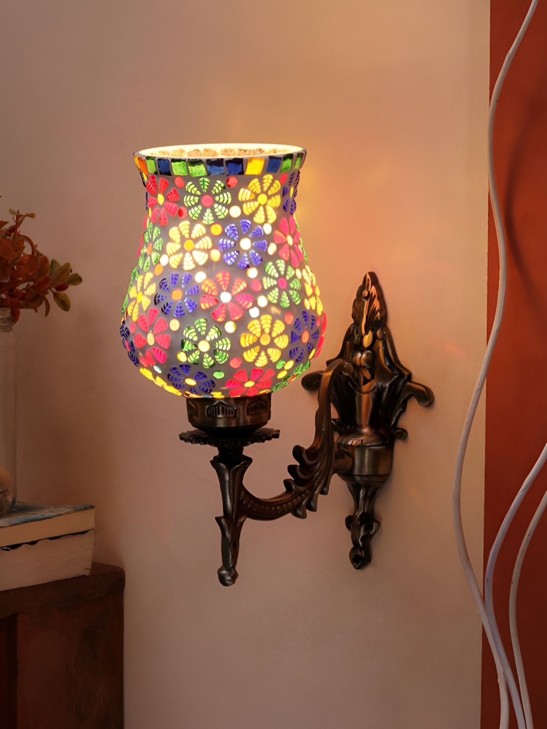 

Devansh White & Yellow Floral Textured Bell Shaped Metal & Glass Wall Lamp