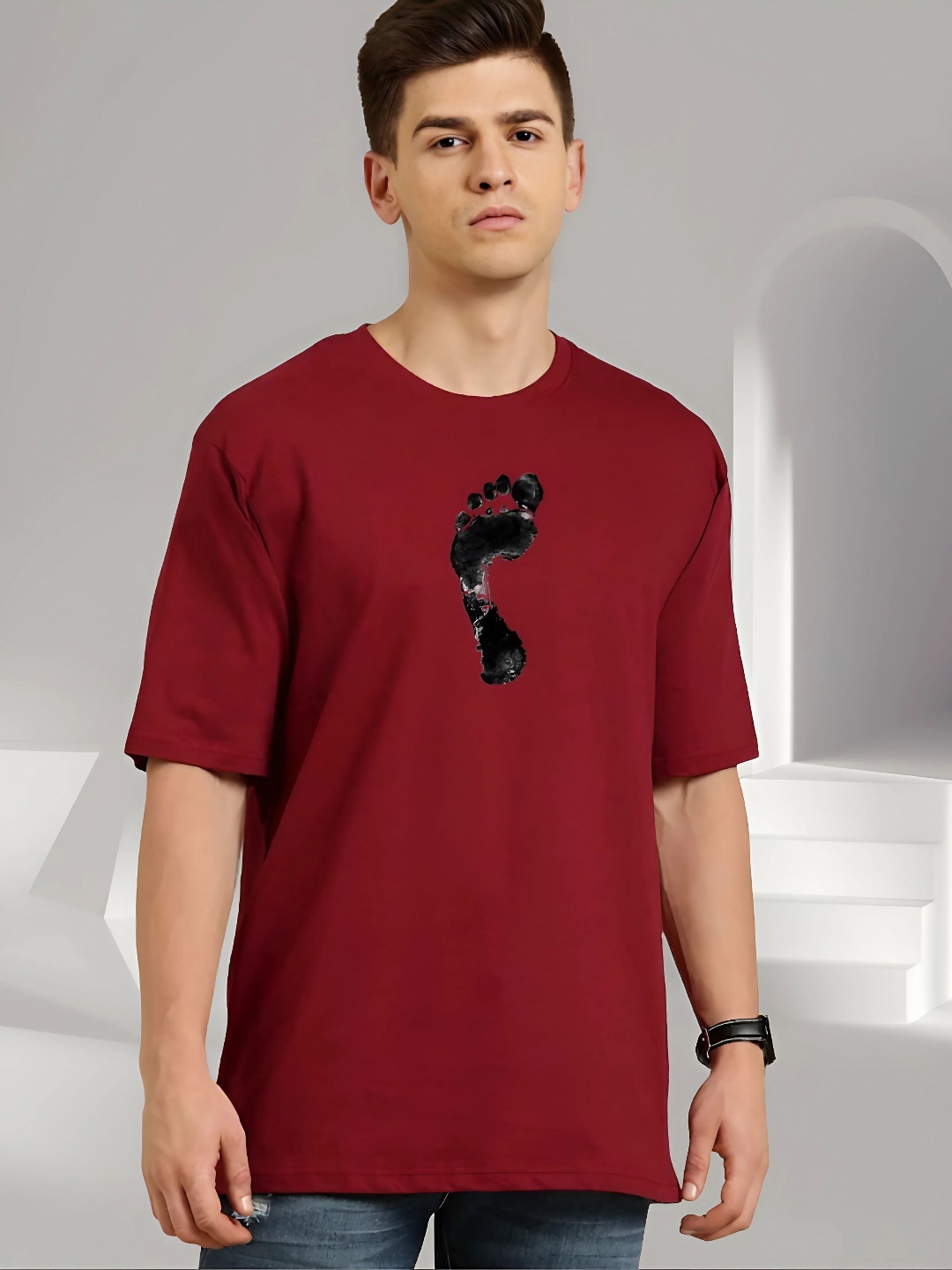 

Elibolz Men Graphic Printed Round Neck Cotton Oversized T-shirt, Maroon