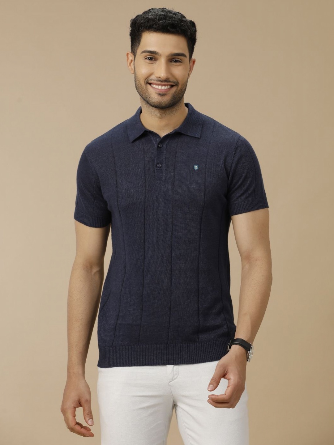 

Linen Club Men Striped Polo Collar Linen Blend Slim Fit T-shirt, Navy blue