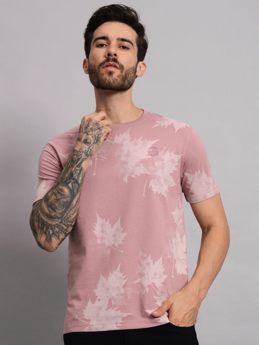 

URBAN TRAIL Men Floral Printed Round Neck Cotton T-shirt, Pink