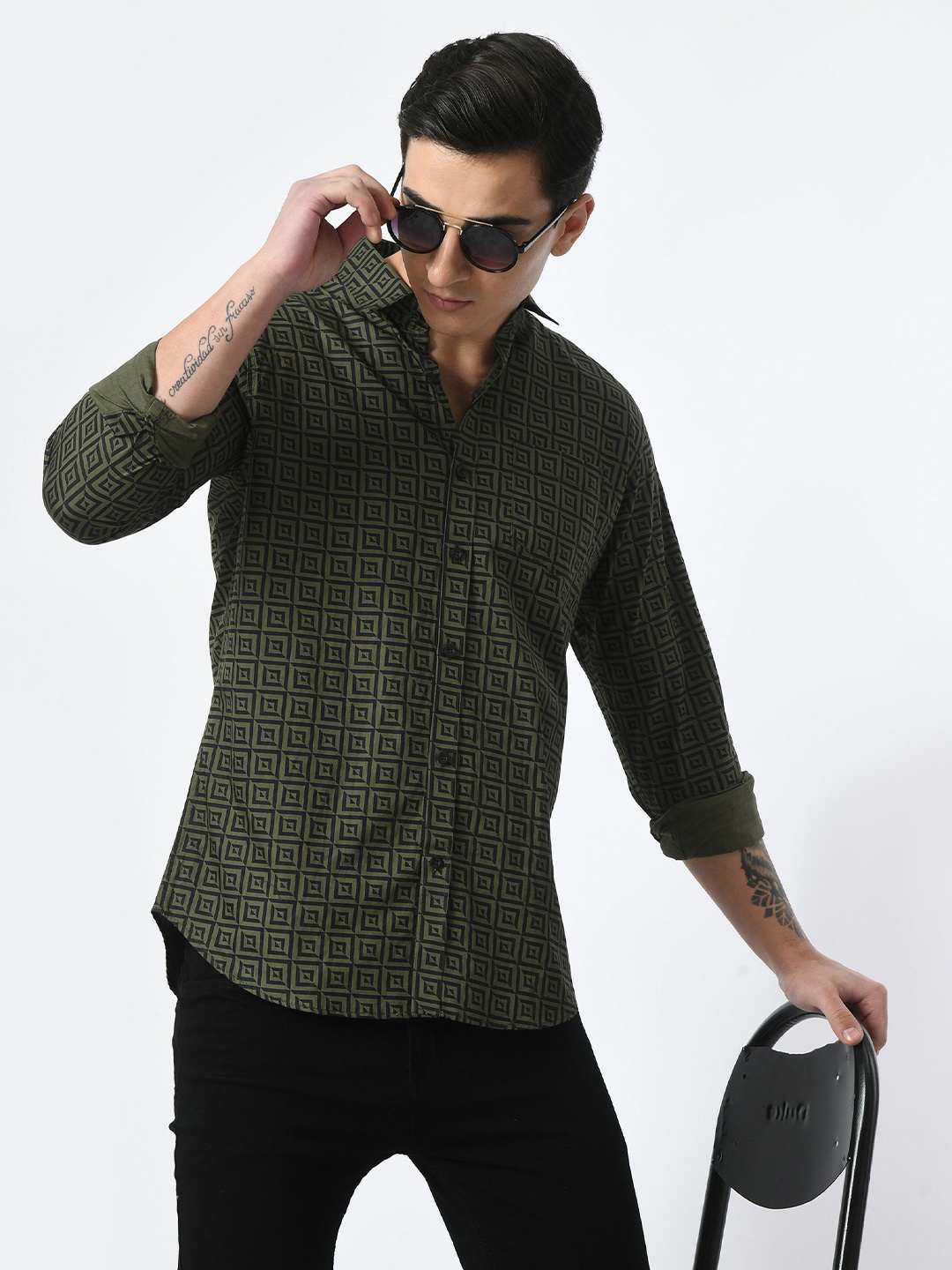 

PEBCO Men Classic Spread Collar Geometric Printed Cotton Slim Fit Casual Shirt, Green