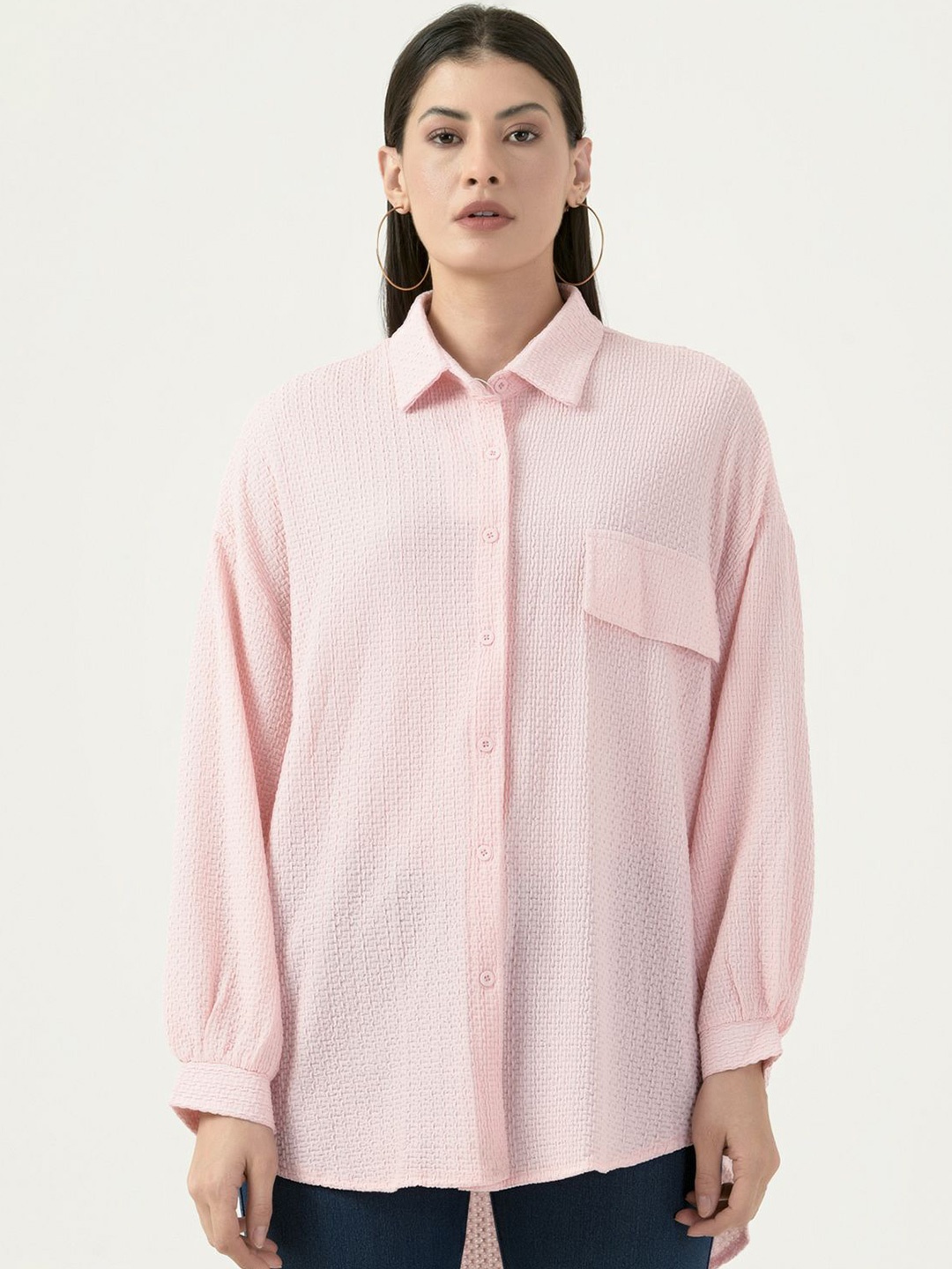 

Albion By CnM Women Spread Collar Textured Polycotton Casual Shirt, Peach