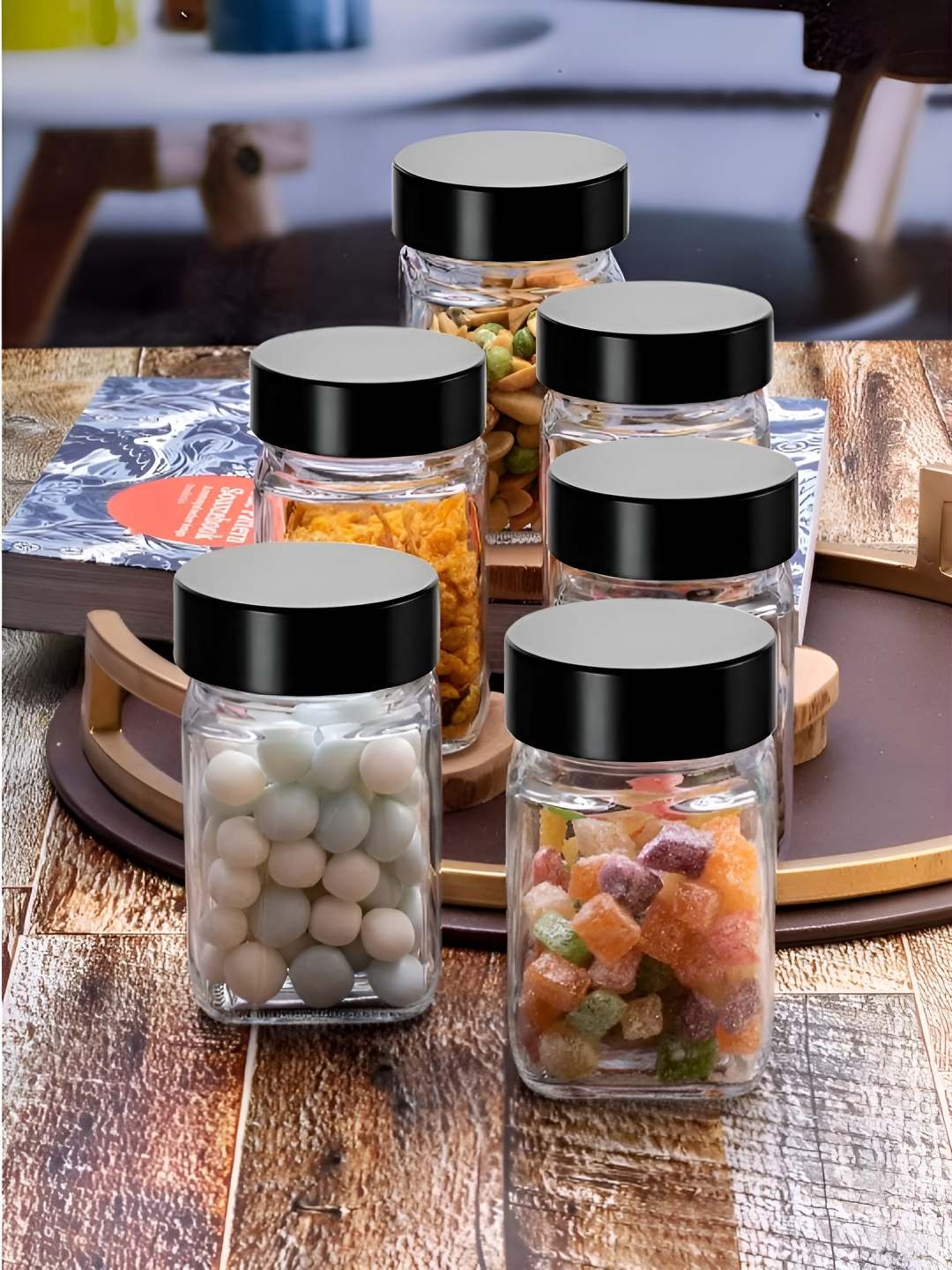 

tyche enterprises Transparent & Balck 6 Pieces Glass Dishwasher Safe Container 300ml