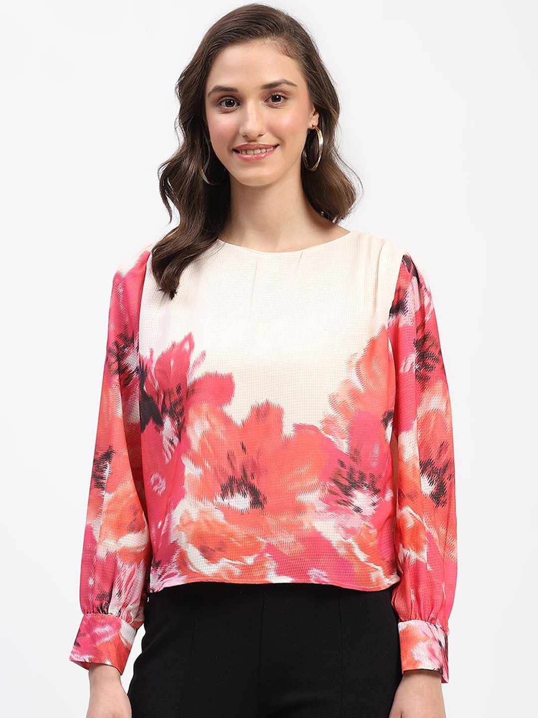 

Madame Floral Print Cotton Top, Beige