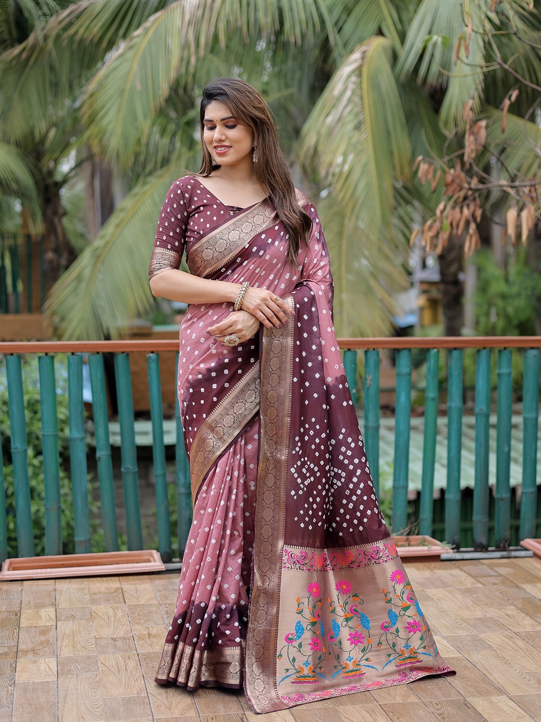 

Anaita Bandhani Pure Silk Bandhani Saree, Coffee brown