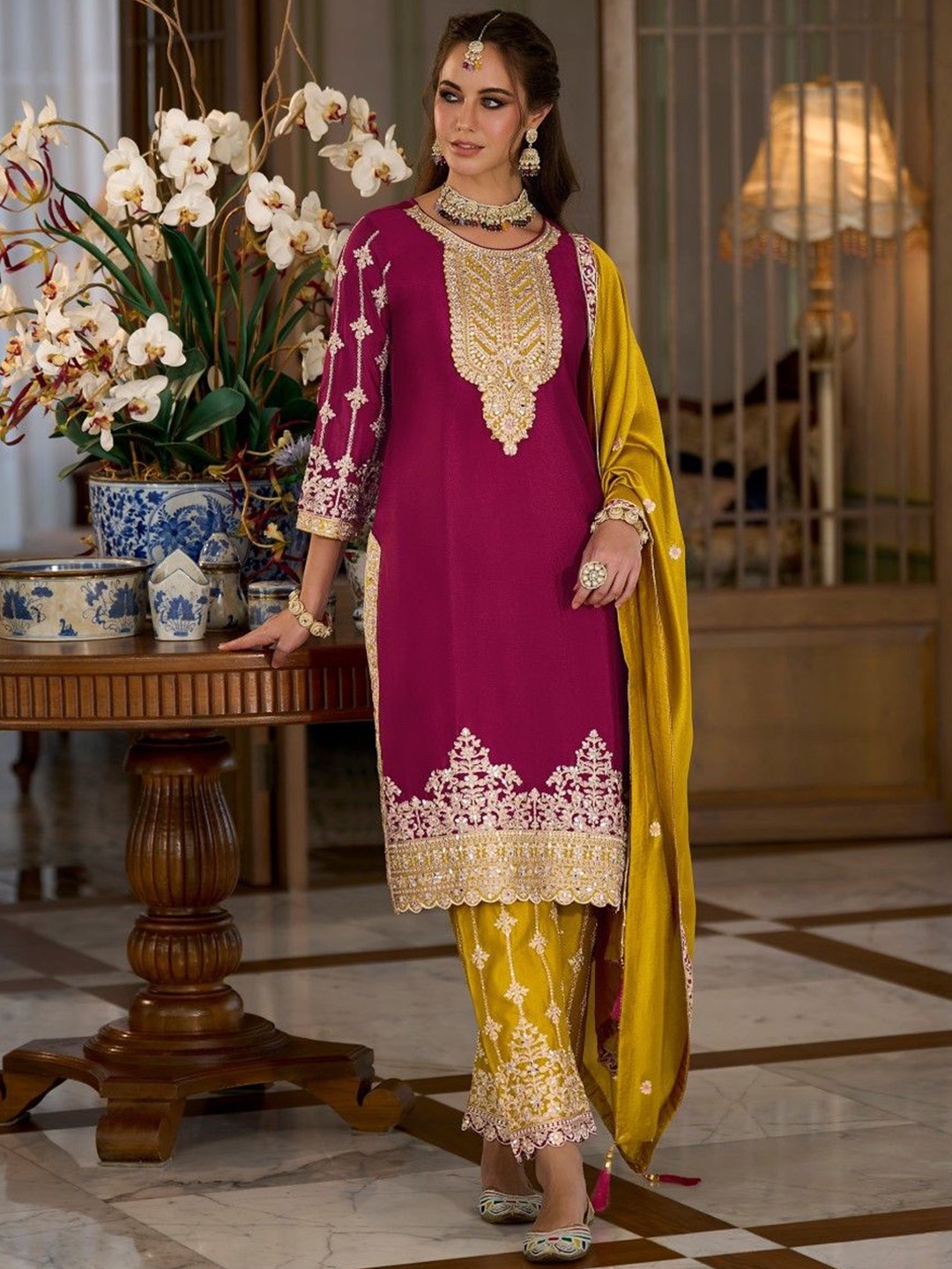 

AUTUMN LANE Ethnic Motifs Embroidered Beads and Stones Straight Kurta & Trouser & Dupatta, Red