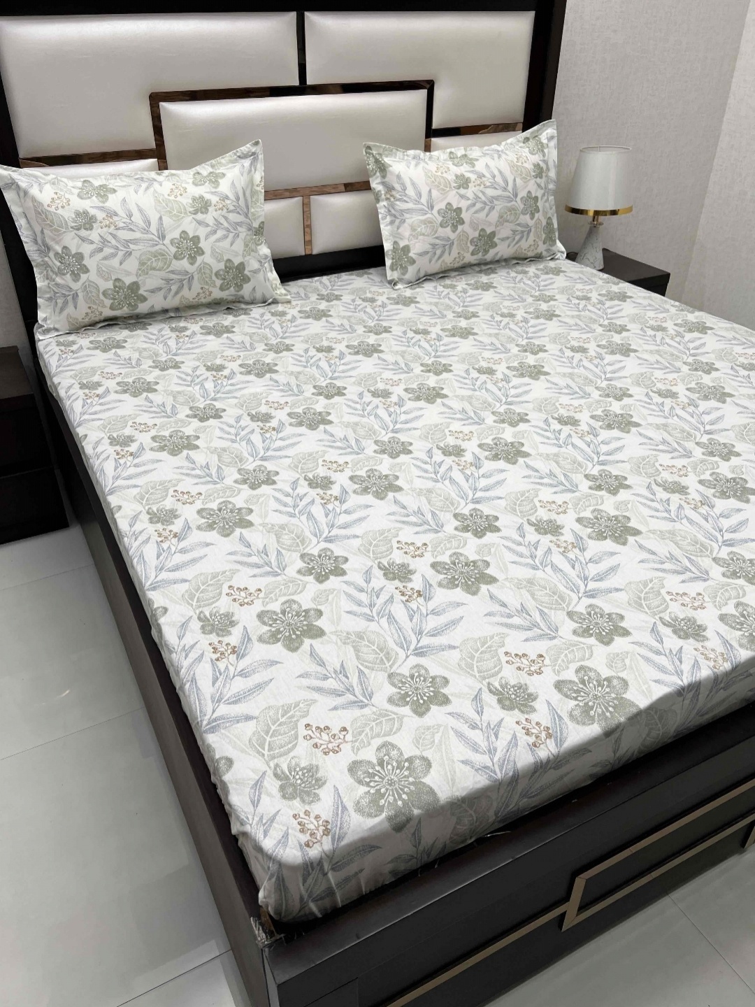 

Pure Decor White & Grey Floral Cotton 350 TC King Bedsheet with 2 Pillow Covers