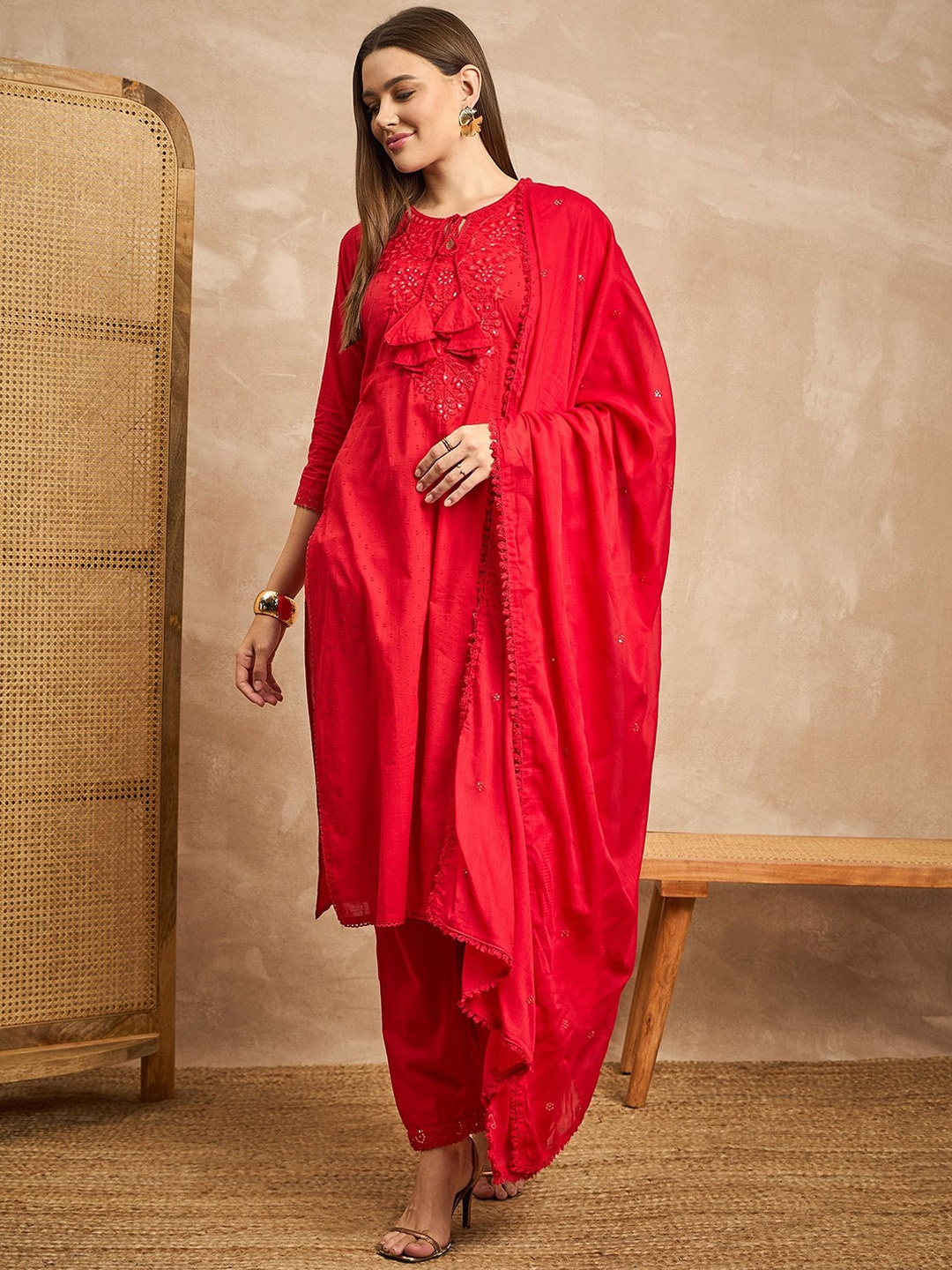 

all about you Red Embroidered Tie-Up Neck PureCotton Straight Kurta with Trouser & Dupatta