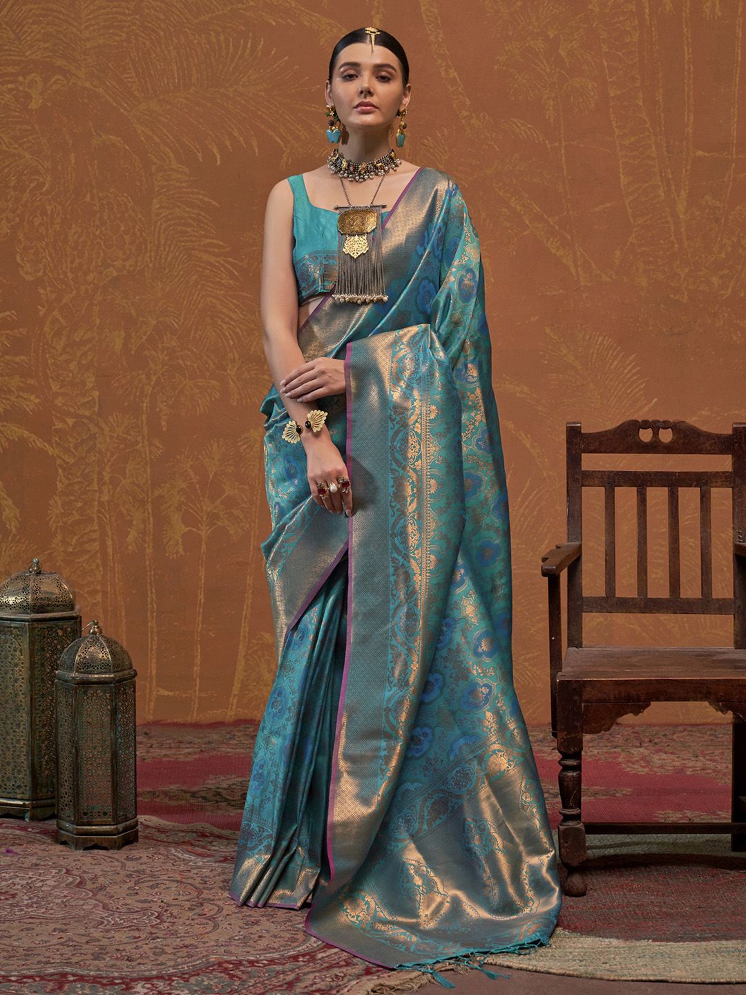 

Mitera Ethnic Motifs Zari Kanjeevaram Saree, Teal