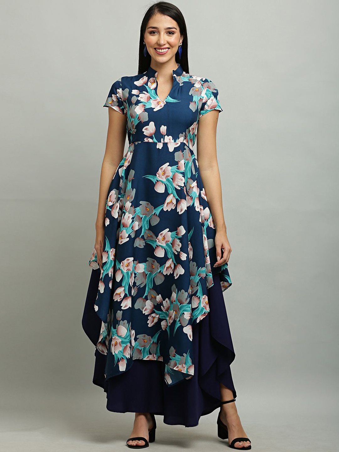 

EZIS FASHION Floral Printed Fit & Flare Maxi Ethnic Dress, Navy blue