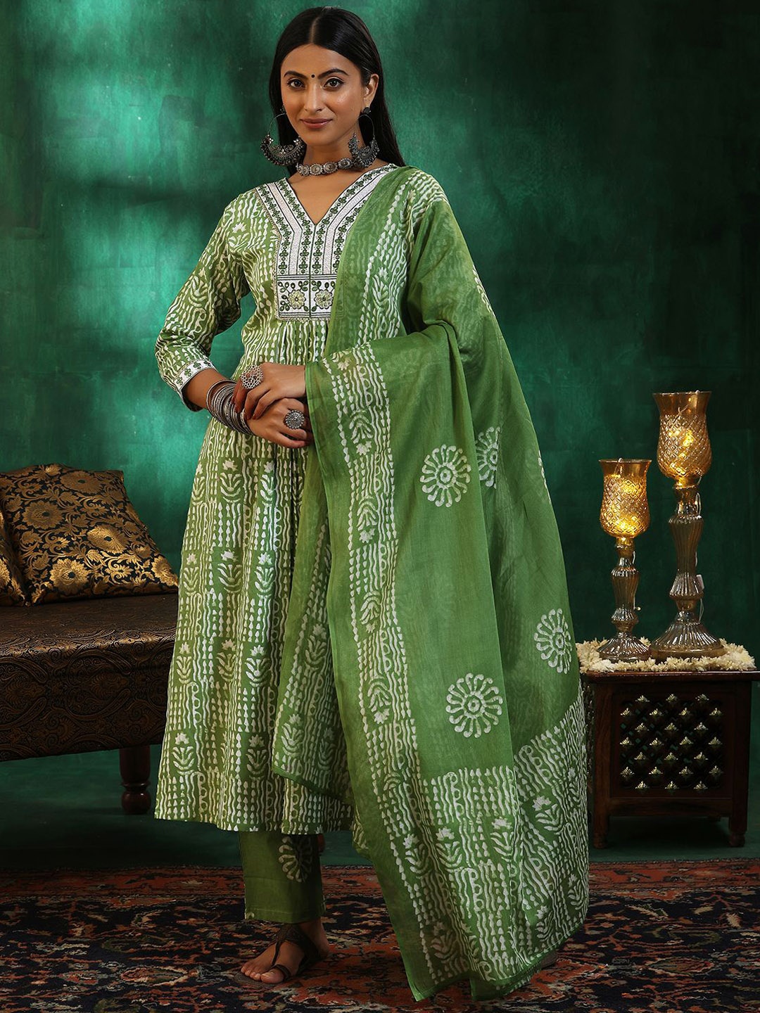 

Libas Floral Printed Beads and Stones Pure Cotton A Line Kurta with Trousers & Dupatta, Green