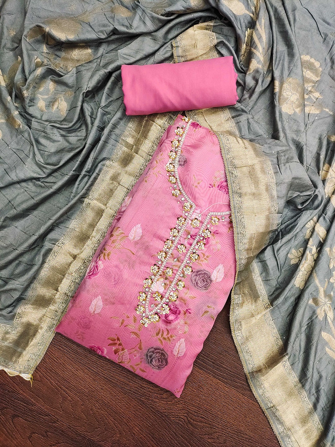 

Ishin Floral Woven Design Beads and Stones Organza Unstitched Dress Material, Pink