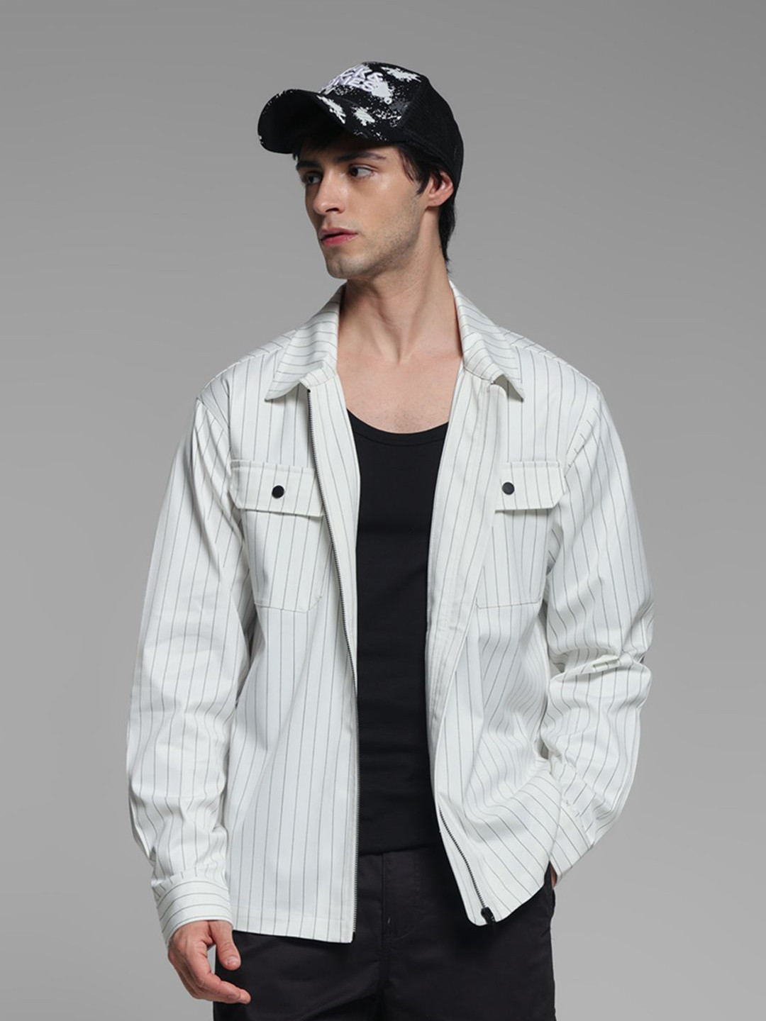 

Jack & Jones Men Spread Collar Multi Striped Cotton Oversized Casual Shirt, White