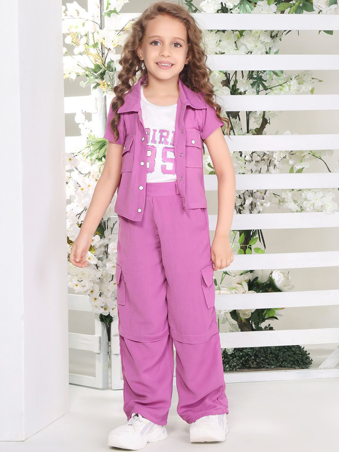 

Ministitch Girls Printed T-shirt & Shirt With Trousers Set, Lavender
