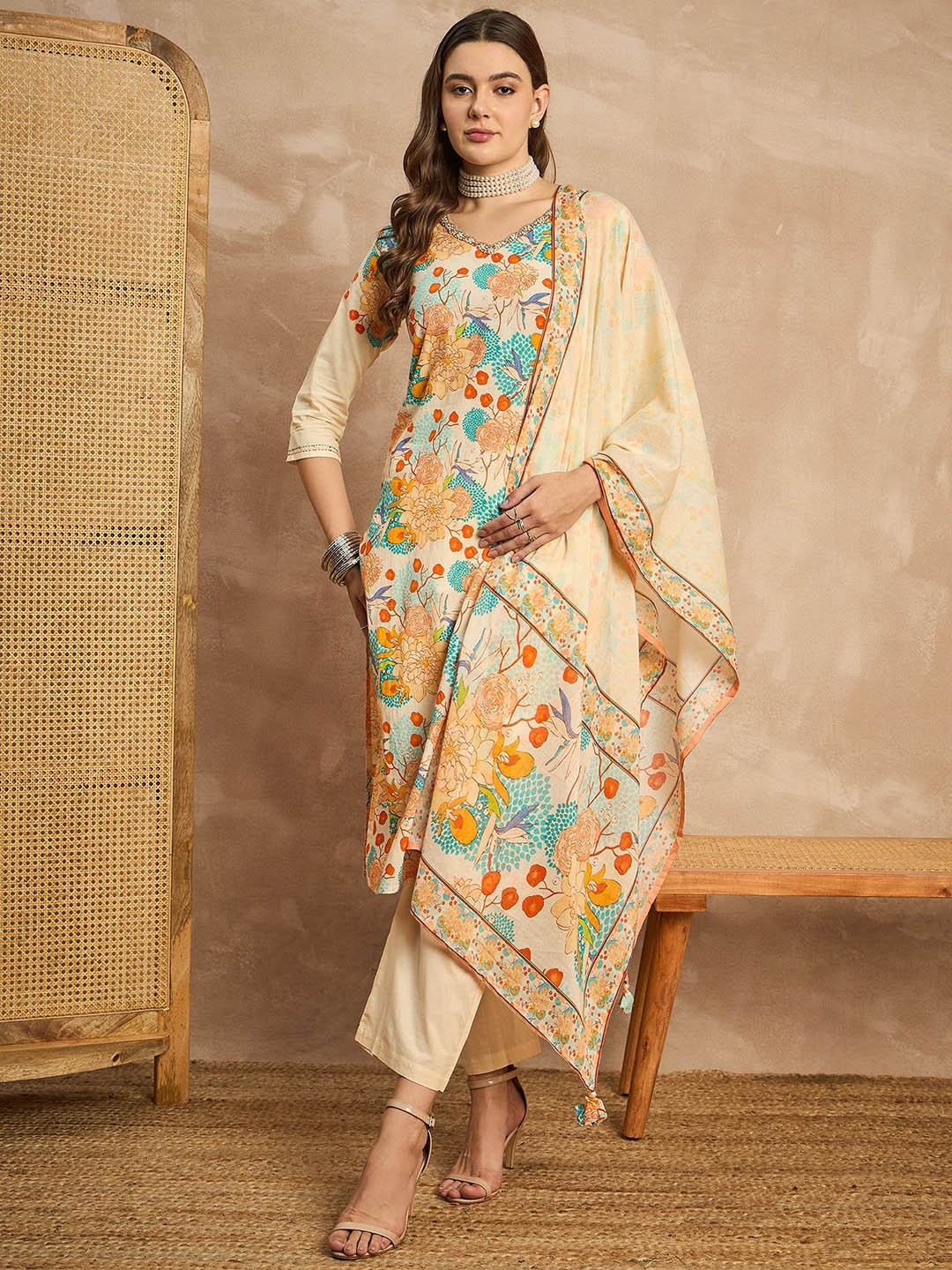 

all about you Printed Beads & Stones Pure Cotton Straight Kurta with Trousers & Dupatta, Cream