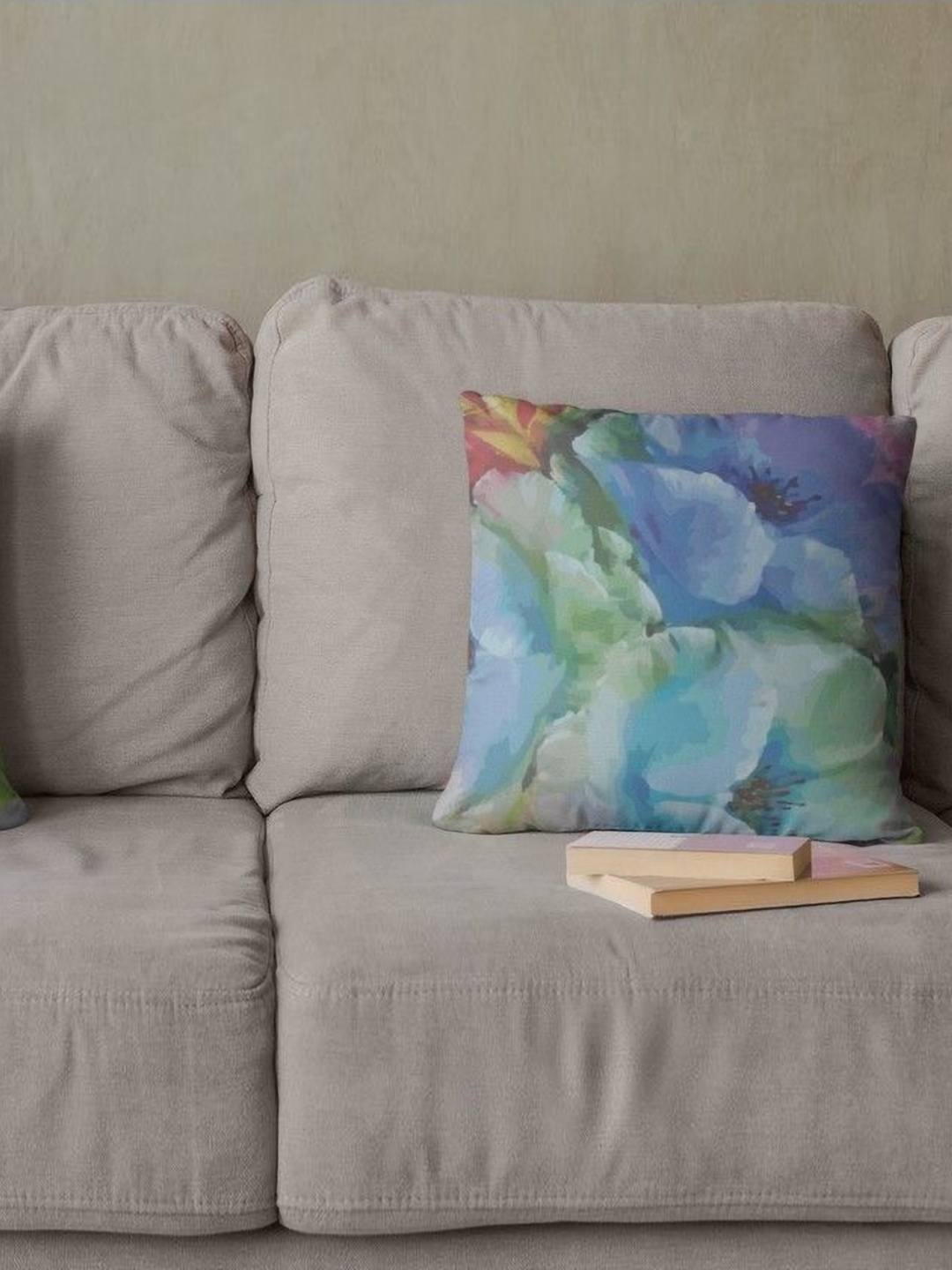 

THEYAYACAFE Grey & Blue 2 Pieces Floral Printed Velvet Square Cushion Covers, Beige