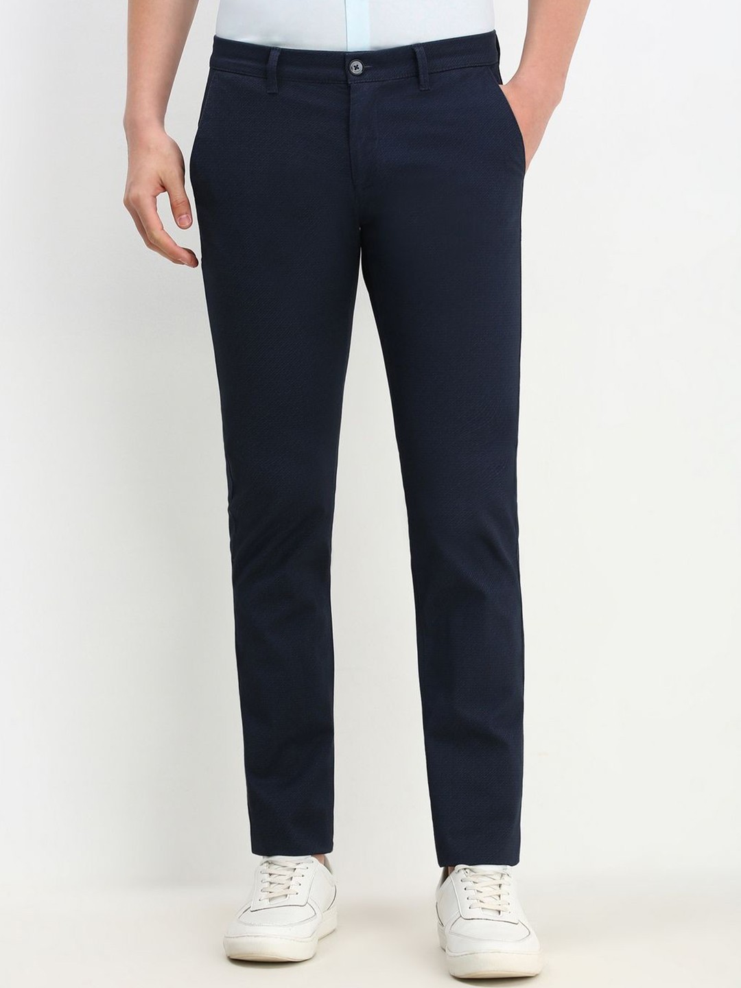 

Allen Solly Men Solid Mid-Rise Regular Fit Trousers, Navy blue