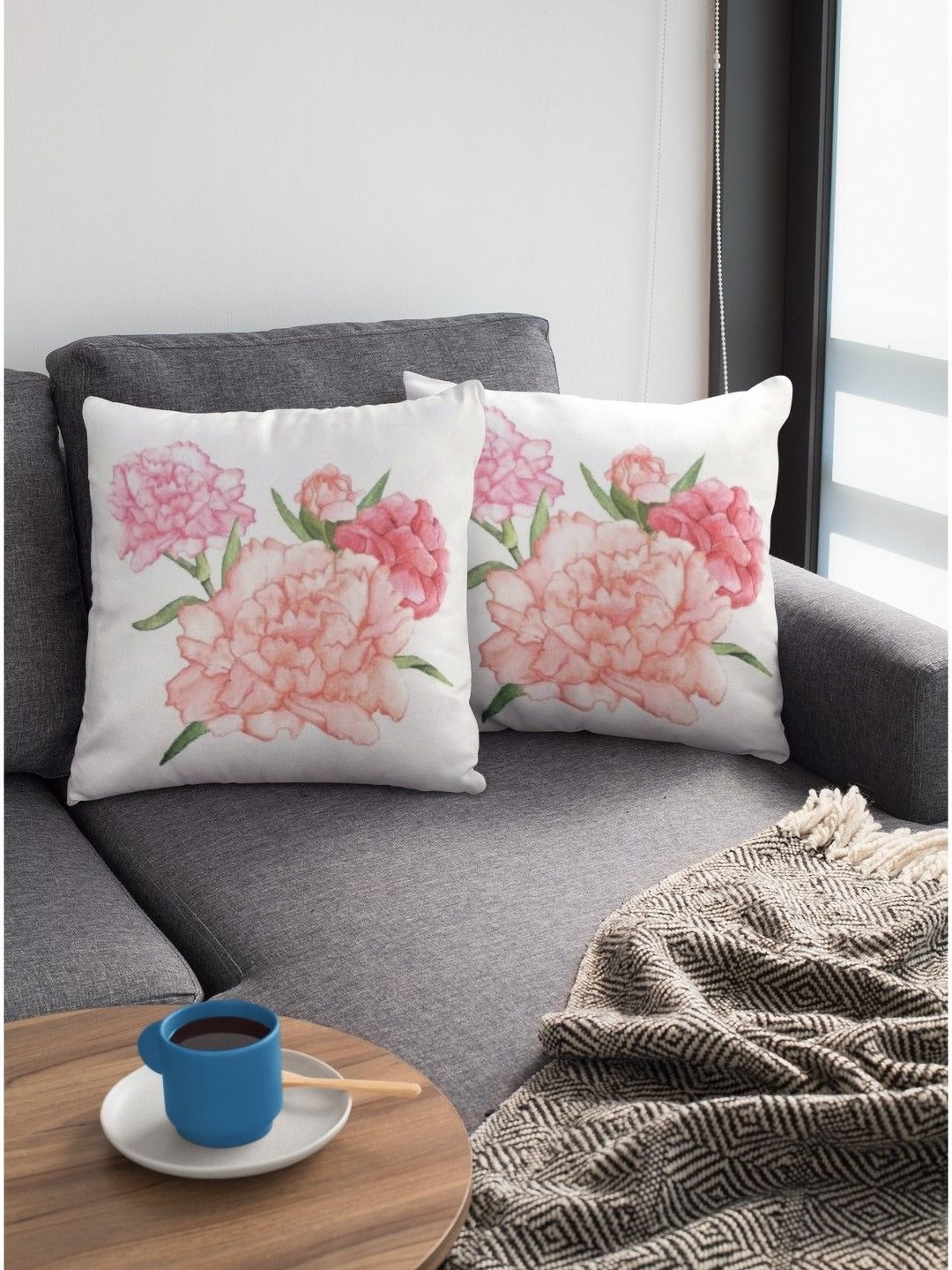 

THEYAYACAFE White & Pink 2 Pieces Floral Printed Velvet Square Cushion Covers