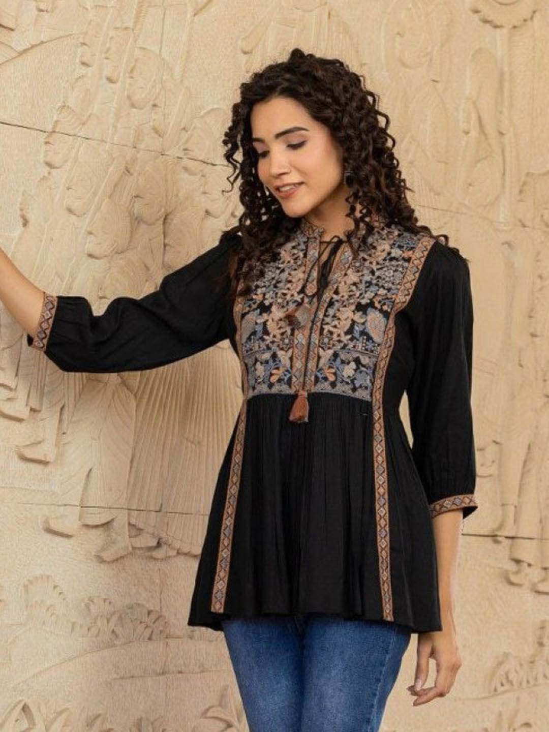 

AUTUMN LANE SWEETY ONYX Floral Embroidered Tie-Up Neck Cotton Peplum Top, Black