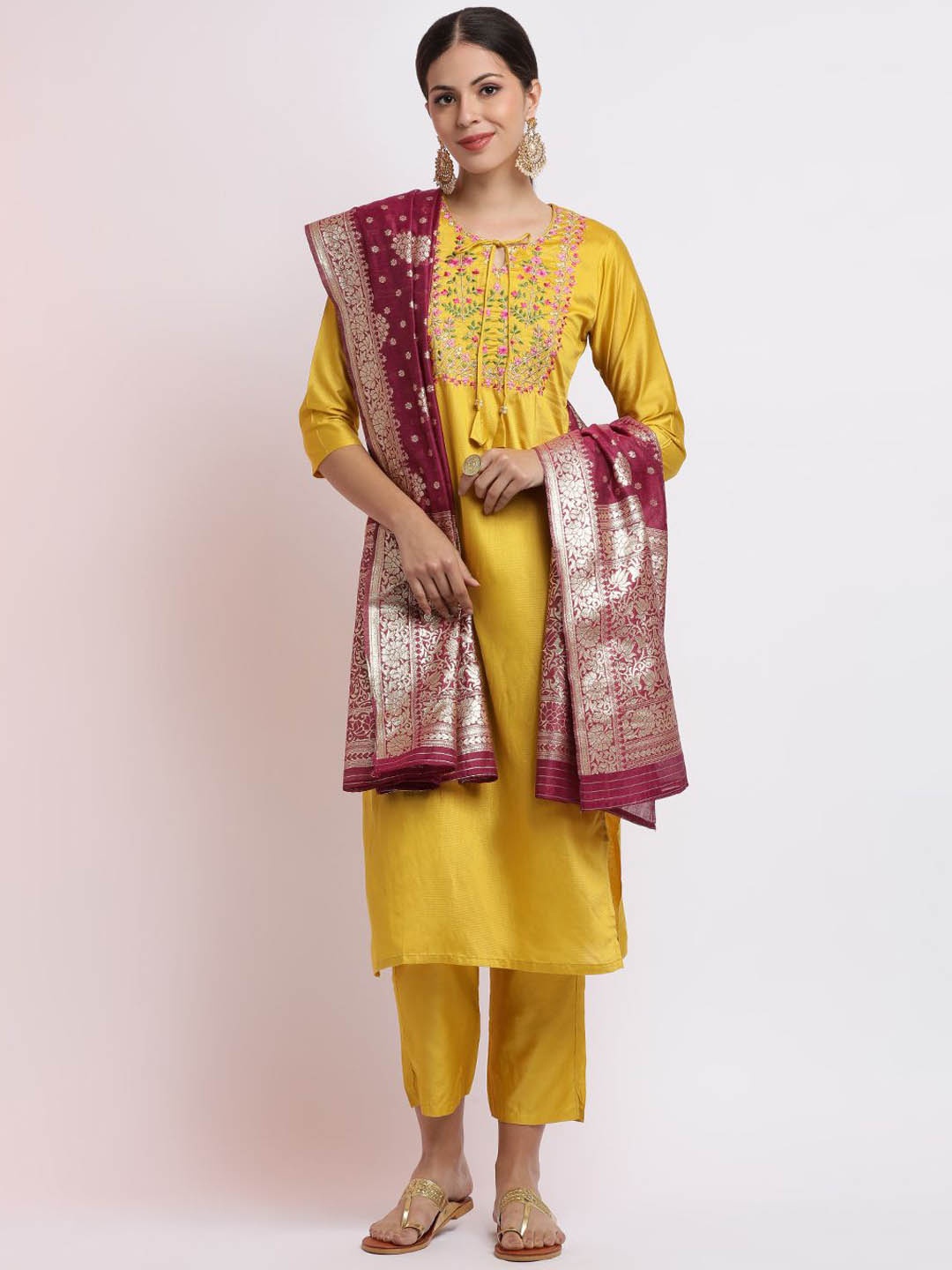 

Jaipur Kurti Art Silk Embroidered Kurta Set With Dupatta, Yellow