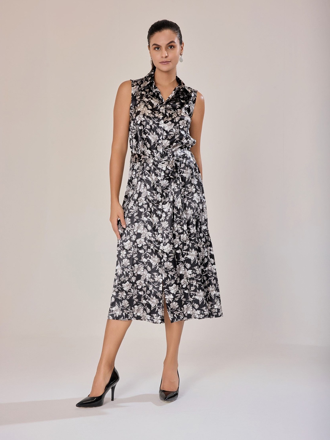 

Urban Sundari Floral Printed Satin A-Line Midi Dress, Black