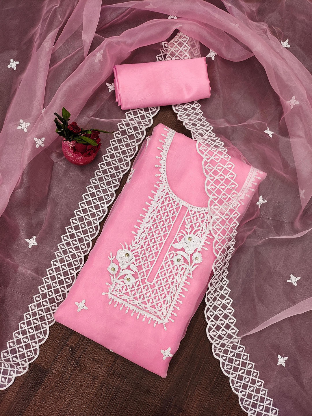 

Ishin Floral Embroidered Organza Unstitched Dress Material, Pink