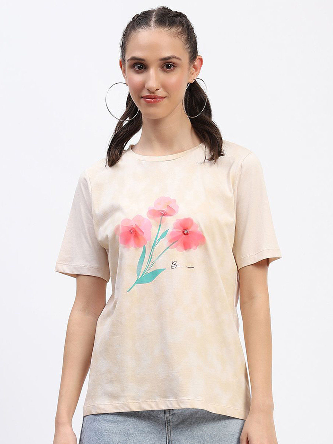 

Madame Floral Print Cotton Top, Beige