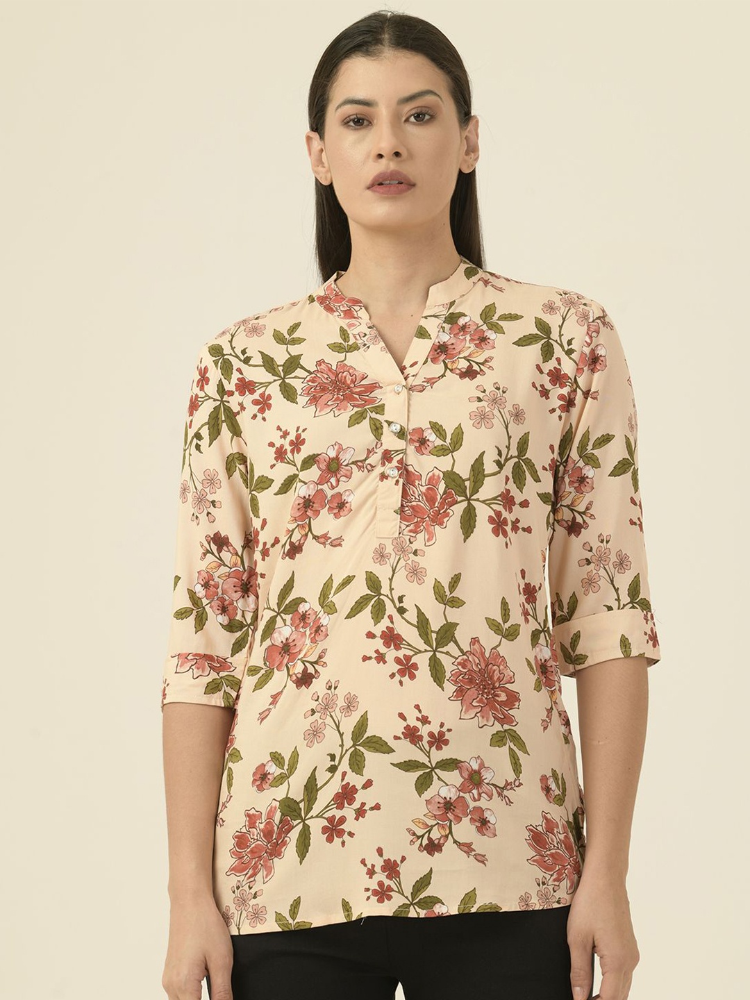 

Albion By CnM Women Floral Printed Shirt Style Casual Top, Peach