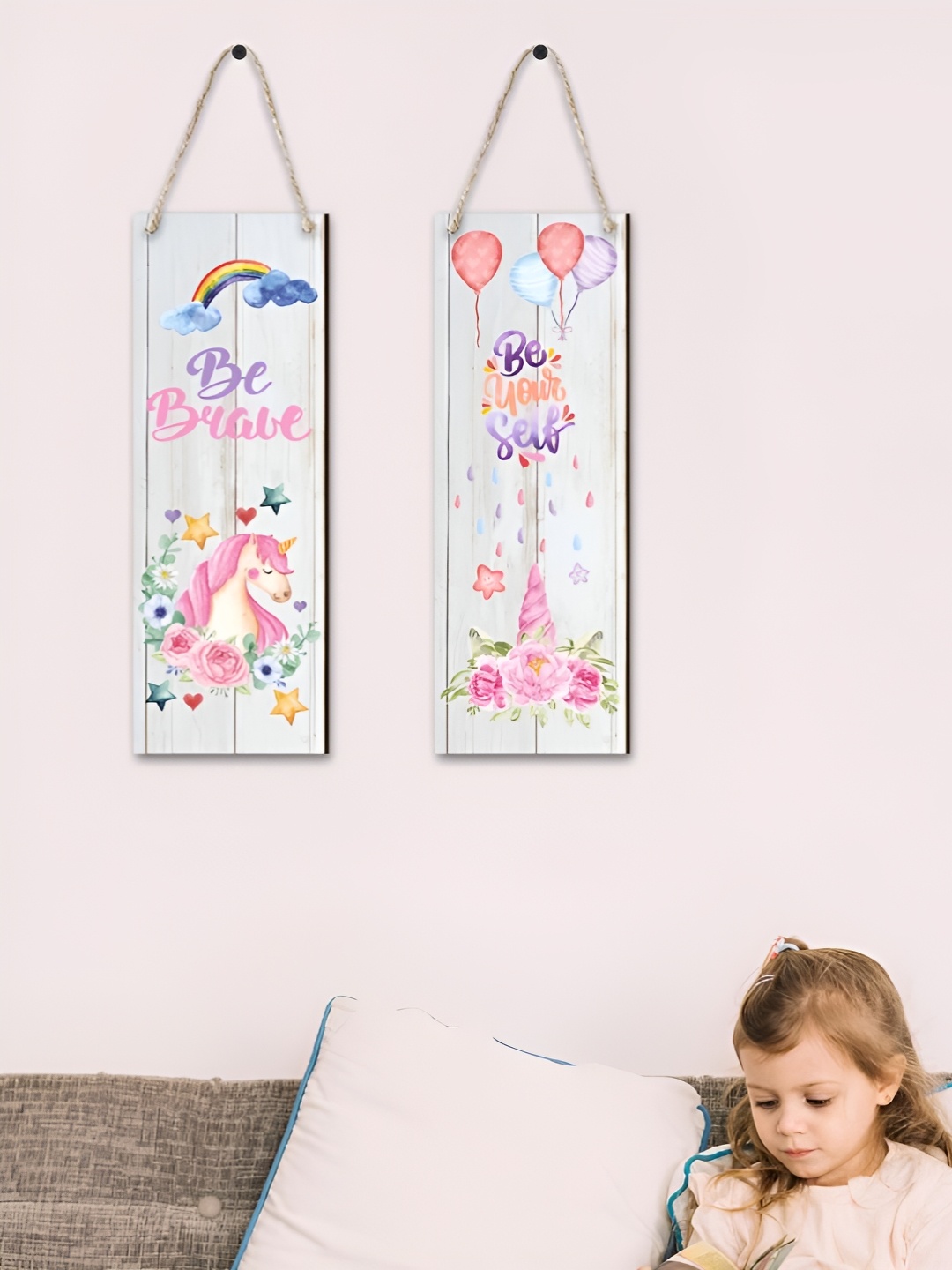 

CVANU Pink & White 2 Pieces Printed Wooden Wall Hangings Wall Decor
