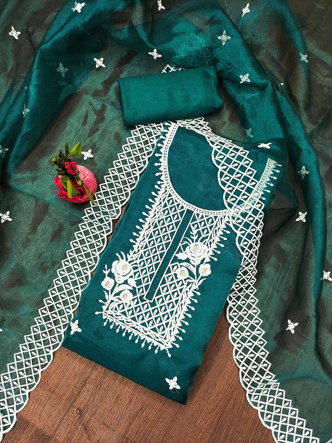 

Ishin Ethnic Motifs Embroidered Organza Unstitched Dress Material, Teal