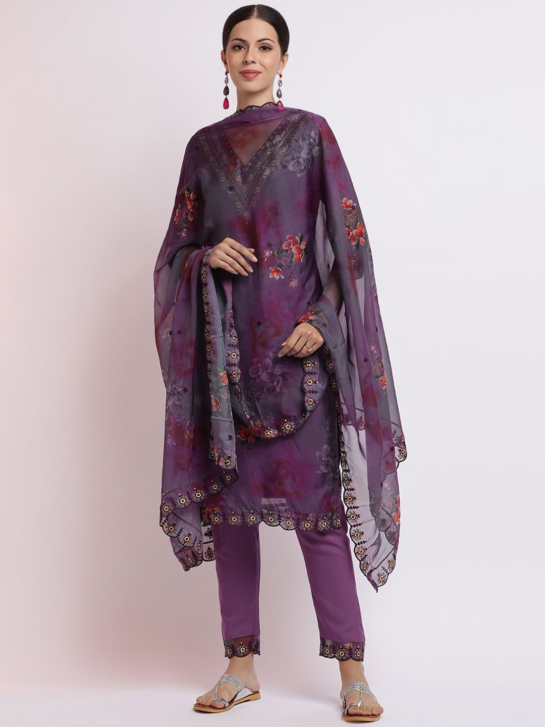 

Jaipur Kurti Floral Embroidered Organza Kurta Set With Dupatta, Purple
