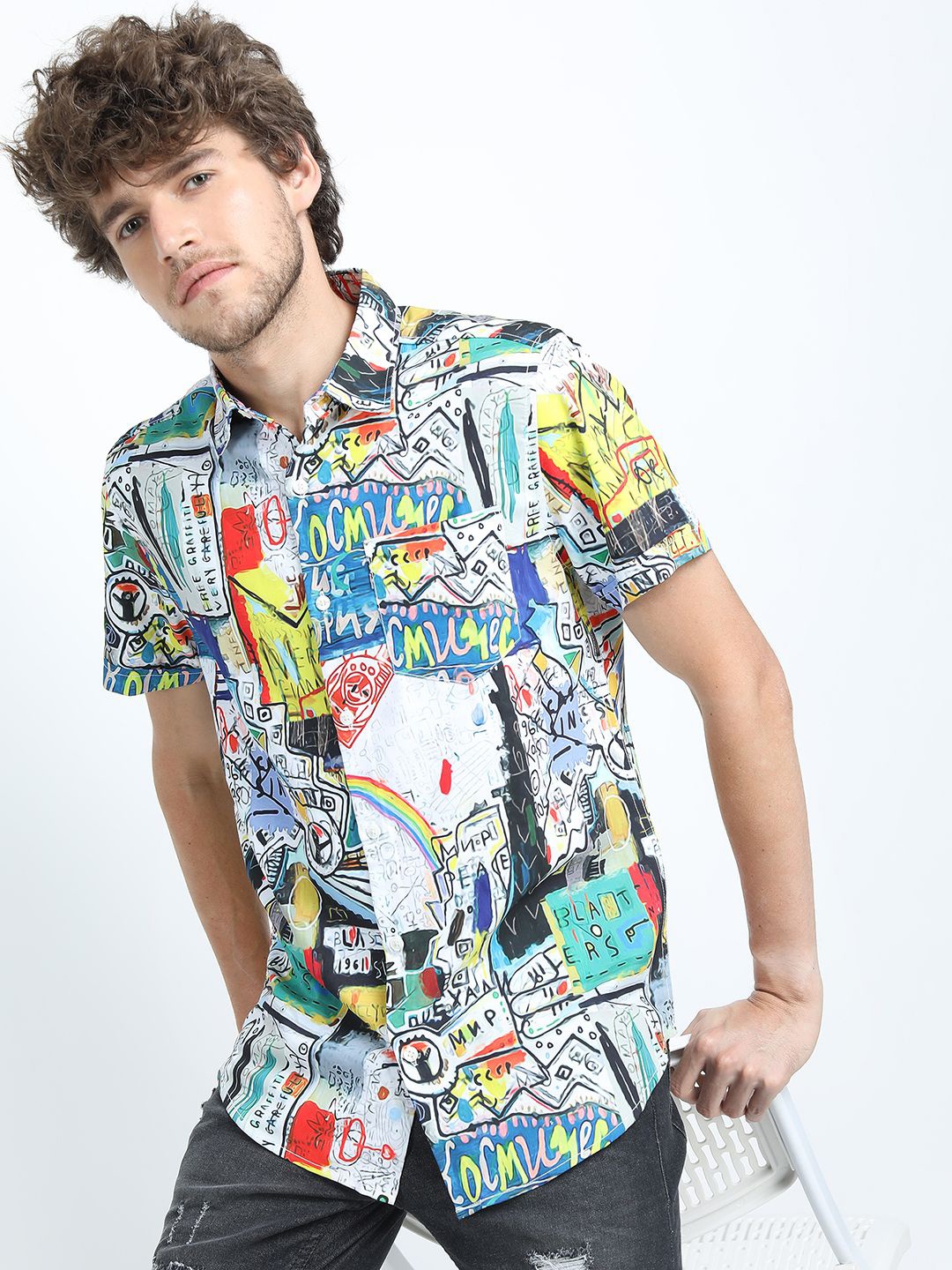 

LOCOMOTIVE Men Premiums Printed Casual Slim Fit Shirt, White